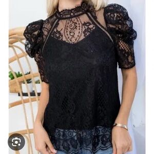 Black Lace Embellished Short Sleeve Blouse